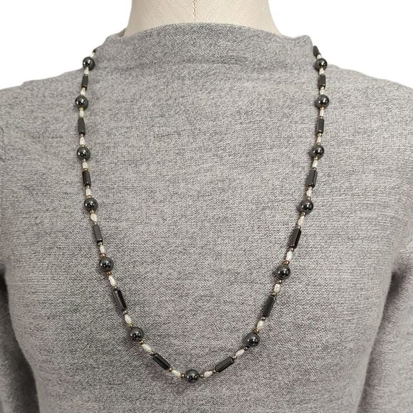 Round and Rectangle Beads Black and White Long Necklace - Picture 1 of 2